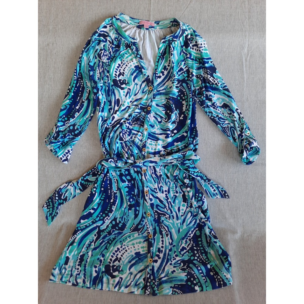 Lilly Pulitzer Women XS Floral Swirl Aquatic vNeck Button Dress Tie Belted Waist